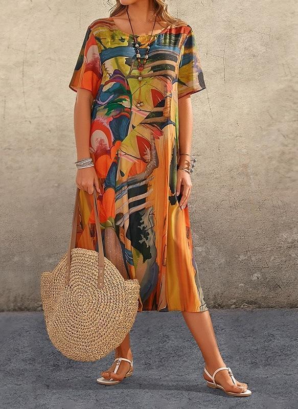2023 Fashion Casual Printed Summer Short Sleeve Waist-Cinching Round Neck Loose Beach Maxi Dress