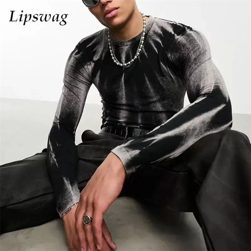 Fashion Mens T Shirts Streetwear Fall Long Sleeve O Neck Stretch Slim Fitting Basic Tops Men Y2K Style Printed T-shirt 240716