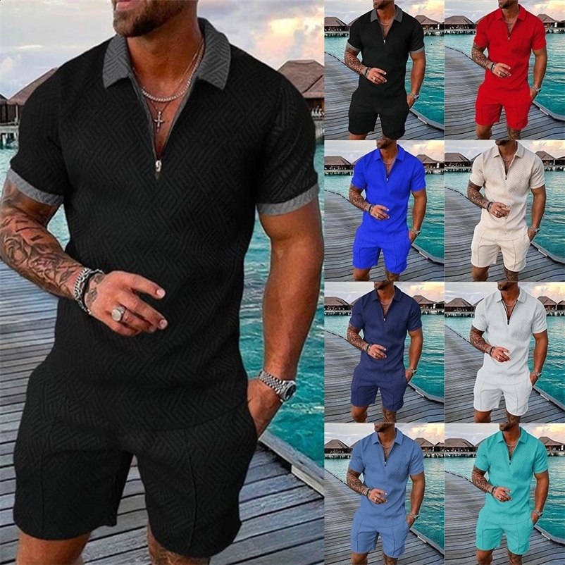 Mens sports T-shirt set casual mesh lapel short sleeved lapel topshort sleeved 2-piece mens solid thin sportswear black zipper 250422