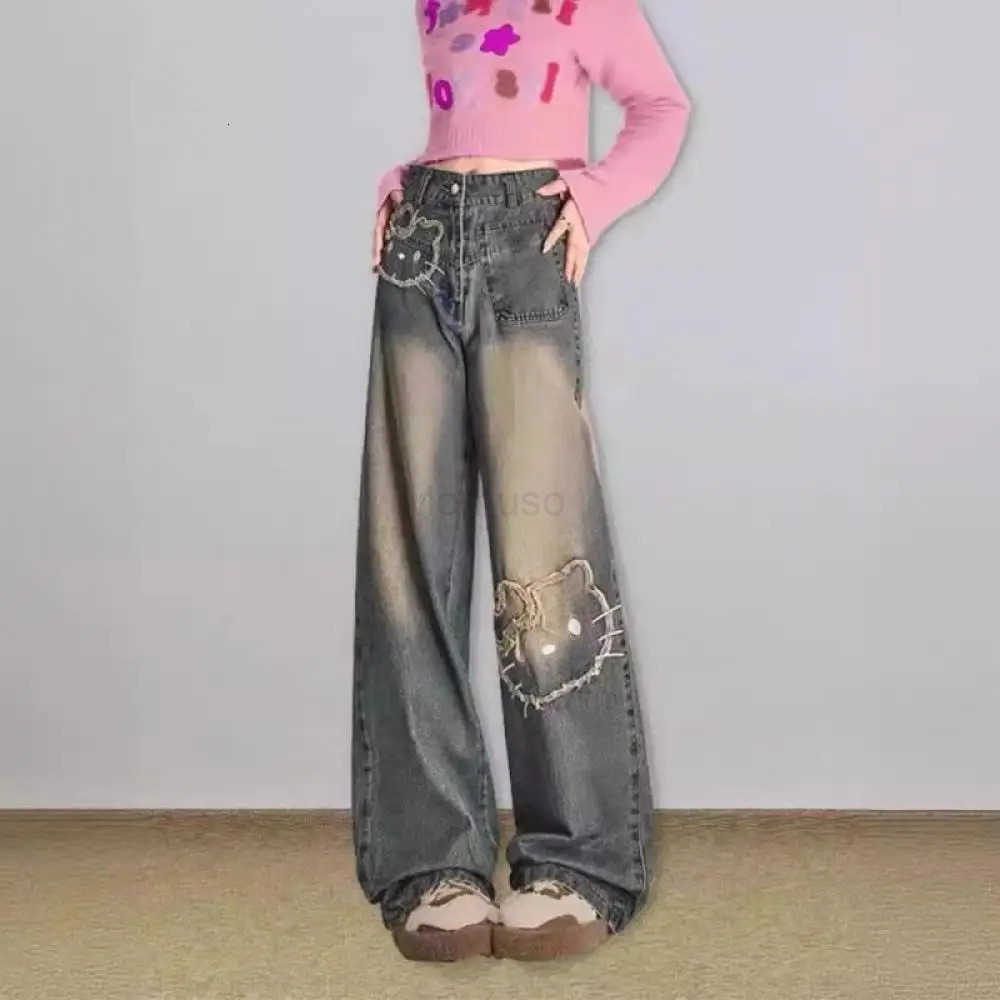 Sanrio Cartoon Women Jeans Hello Kitty Trousers Sanrioed Anime Cute Autumn Student High Waisted Embroidery Kawaii Girls Wide Leg Pant L250925