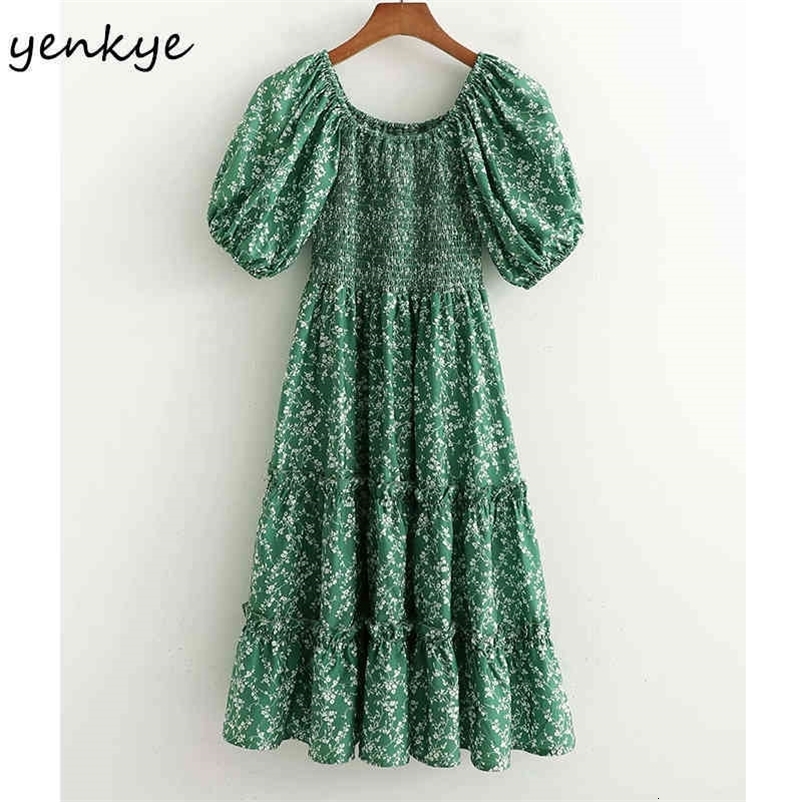 YENKYE Prairie Chic Summer Dress Women Green Floral Print Dress Female Lantern Sleeve O Neck Knee Length Big Swing Vestido 210515