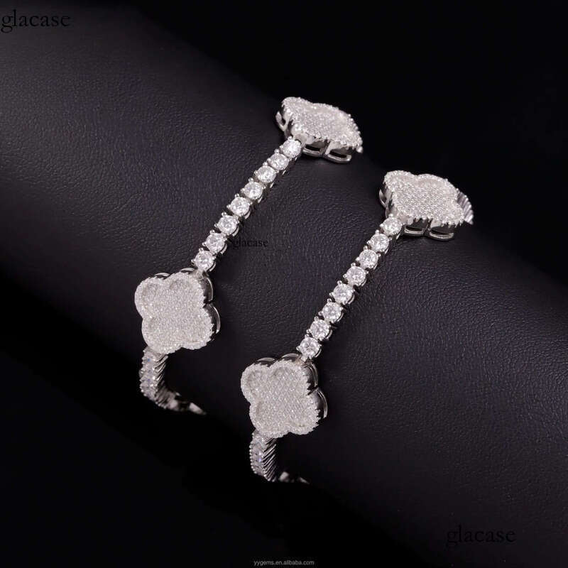 Yu Ying Clover Chain S Sier Gold Plated VVS1 Moissanite Tennis Bracelet Mens Women b7