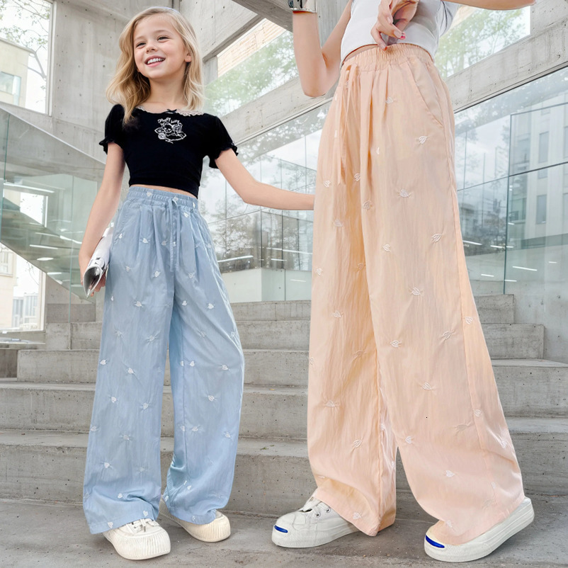 Girls Summer 2025 product thin love wide-leg pants ice silk pants girl Yamamoto pants childrens summer straight outer wear 250528
