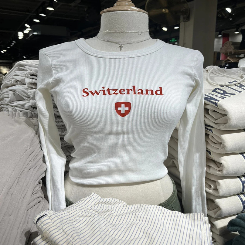 Letter Print Ribbed Long Sleeve T Shirt Women Summer Slim Round Neck White Cotton Tees Vintage Streetwear Y2k Tops Chic 240729