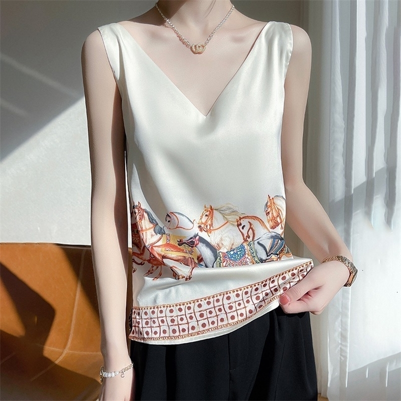 Camisoles Tanks Women's silk Vest Summer Printed Satin Silk Top V-neck Silk Camisole Silk Vest All Match Looks Thin Women Sleeveless Shirt 230421