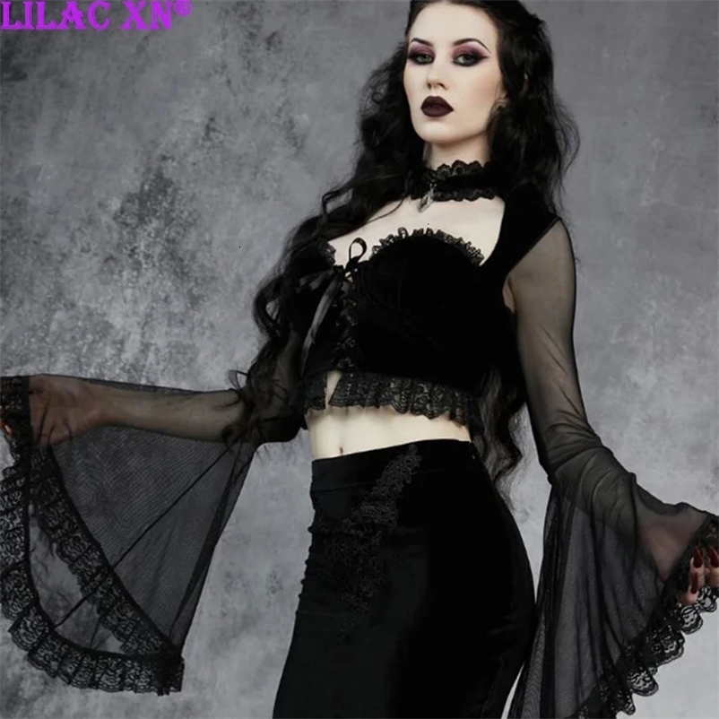 Sexy Goth Lace-up Long Flared Sleeve T-Shirts for Women Vintage Black Velvet Lace Trim Corset Crop Tops Y2K Grunge Streetwear 240409