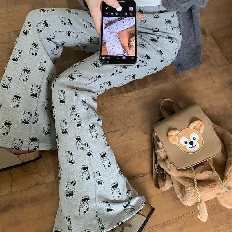 Sanrio Grey Hello Kitty Cartoon Printed Casual Pants For Women High Waisted Walking Trousers Slim Fit Straight Leg Micro Flared Pants L250925