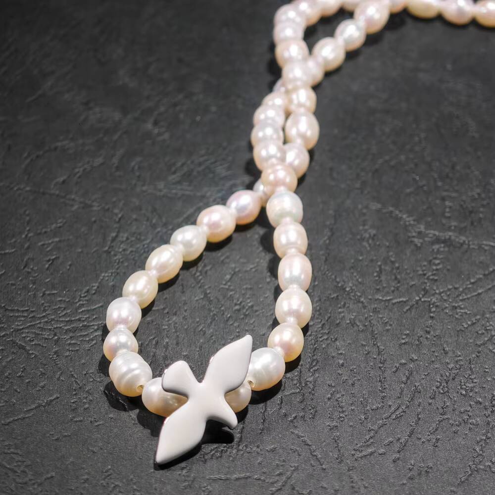 Fine Jewelry Elegant 925 Sterling Silver 5A Freshwater Rice Pearl Enamel Dove Necklace for Women Bride Wedding Anniversary Party