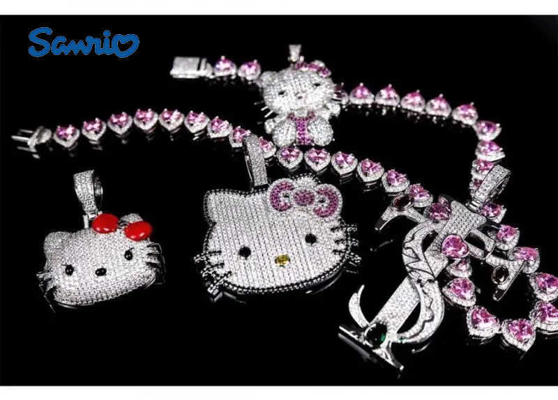 Sanrio Hello Kitty Full Diamond Pendant Light Luxury Necklace Niche Design Collarbone Chain Couple Cuban Chain Gifts Shiny Decoration H251106