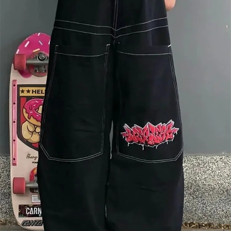 HOUZHOU Y2k Oversized Black Women Jeans Vintage Wide Leg Embroidery Denim Trousers Grunge Hip Hop Style Streetwear Baggy Jeans 250320