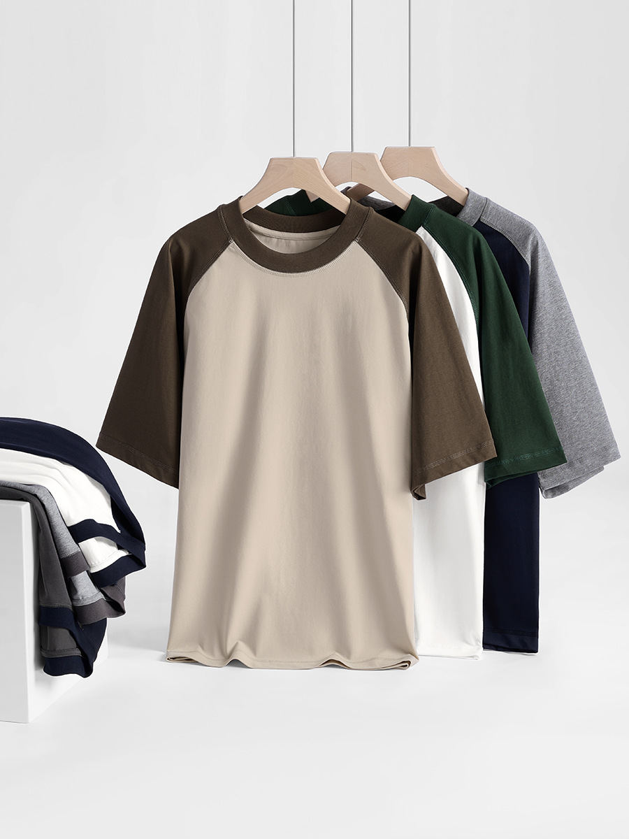 Men's Summer 230g Cool-Touch T-Shirt - Raglan Sleeve, Loose Fit, Color-Block Design, Ice-Feel Short-Sleeve for Refreshing Summer -77Z