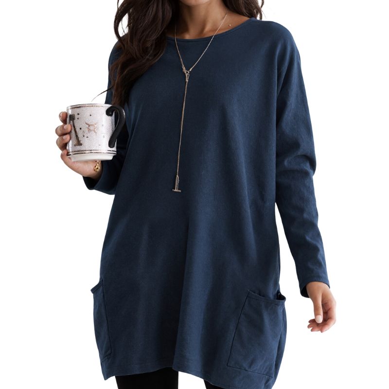 Women's Early Autumn Fashion Casual Navy Blue Long - Sleeve Top, Milk Silk Loose Mid - Length Tunic with Pockets-CF52906