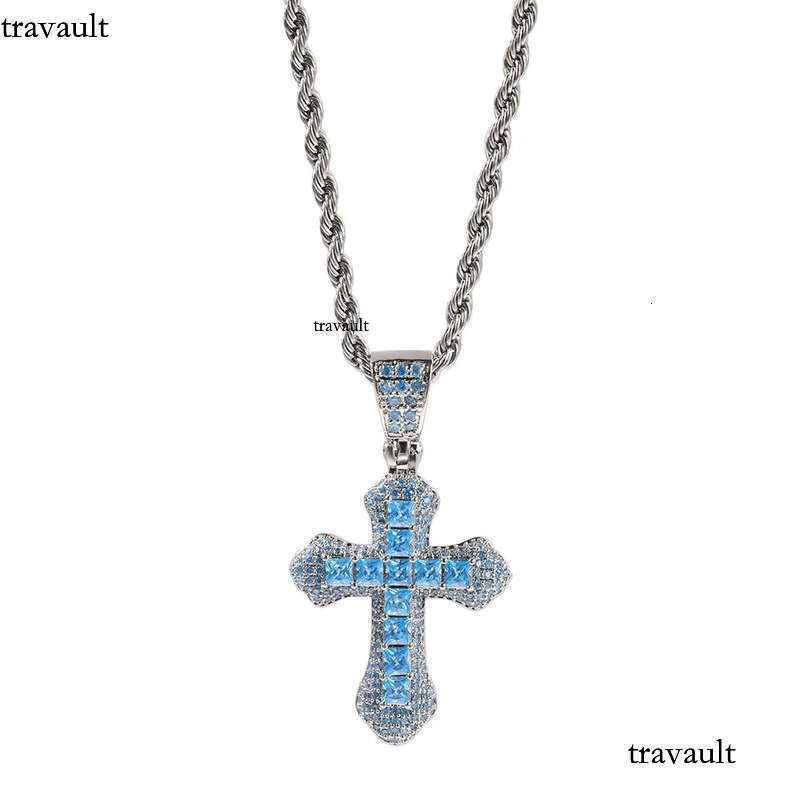 Blue Red Zircon Cross Fashion Mens Gold Necklace Hip Hop Iced Out Pendant Necklaces Jewelry