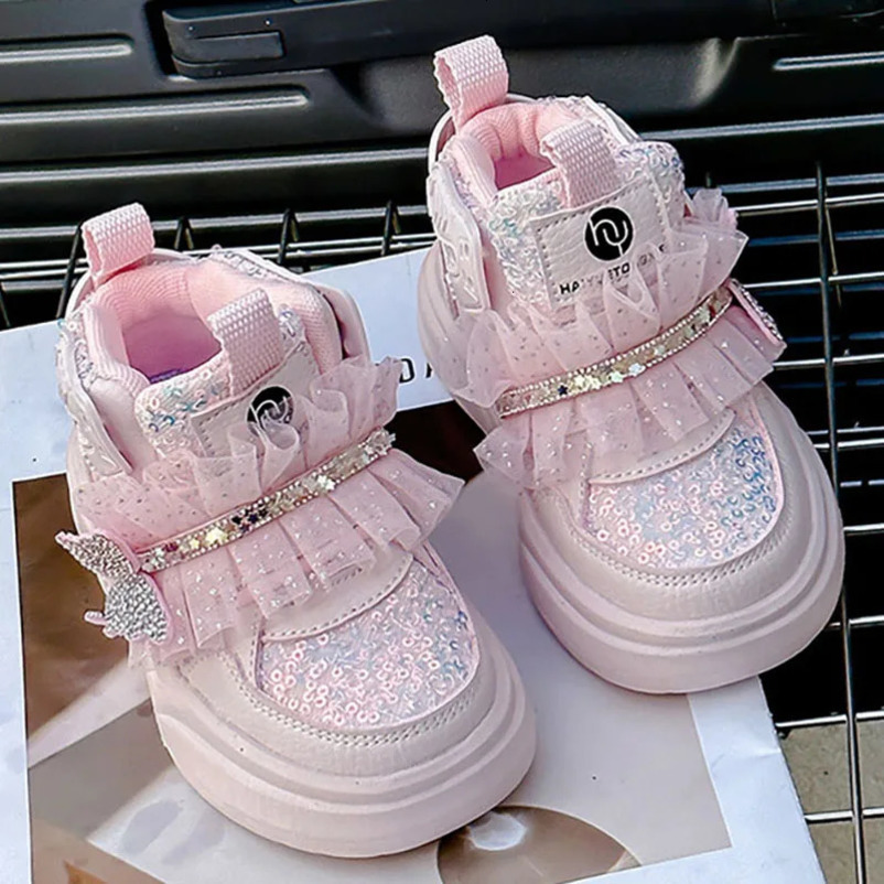Korean Style Princess Shoes For Girls Rhinestone Sequins Bling Childrens Sport Shoes Soft-soled Sneakers For Kids Fashion Shoes 241219