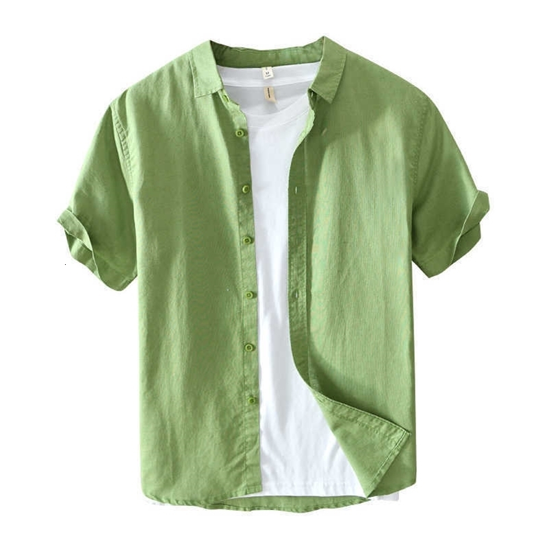 Linen Short Sleeve Shirts for Men Casual Plus Size 4XL Green Turn Down Collar Tops Male Summer Vacation Clothing 210601
