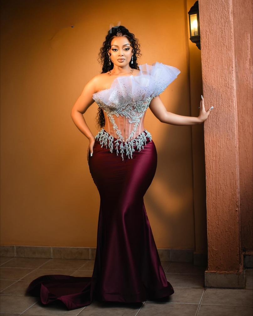 Aso Ebi Burgundy Mermaid Prom Dress Beaded Crystals Lace Evening Formal Party Second Reception 50th Birthday Engagement Gowns Dresses Robe De Soiree B