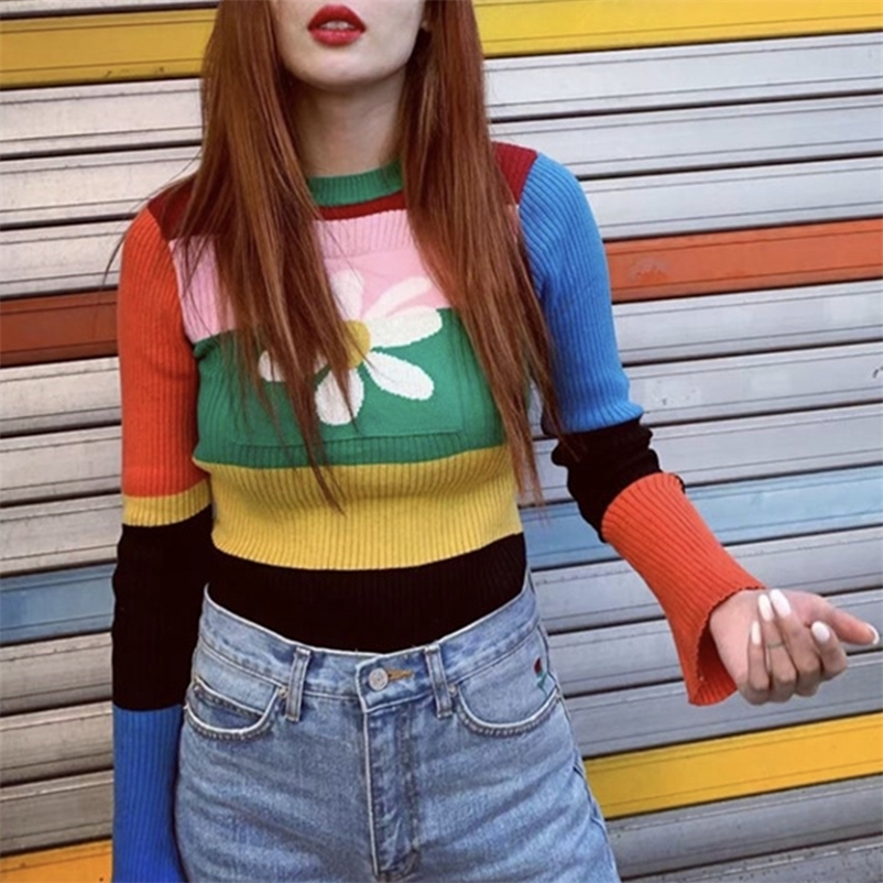 Womens Flower Print Rainbow Striped Sweater Stretch Fitted Long Sleeve Pullover Knit Top Dolly Sweater Harajuku e-Girl Outfit / 201130