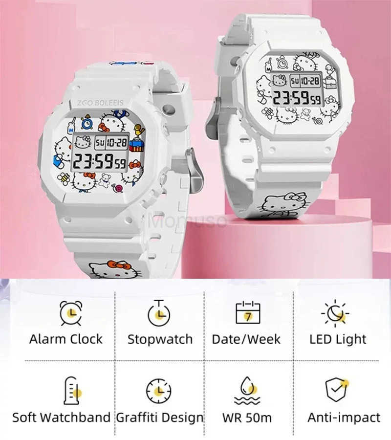 Sanrio Hello Kitty Watch LED Digital Watchs Student Versatile Silicone Watch Childrens Wrist Watch Waterproof Sports Kids Clock L250925
