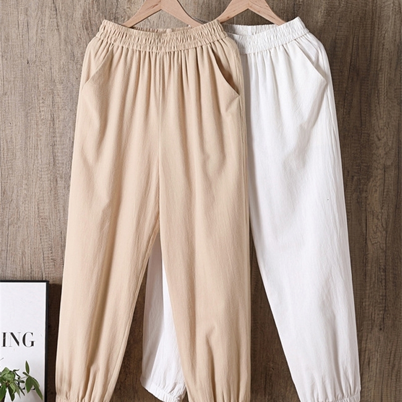 Women's Pants Capris Spring Summer Casual Cotton Linen Pants Women Elastic Waist Solid Pockets Retro Loose Women's Harem Pants Trousers Bott
