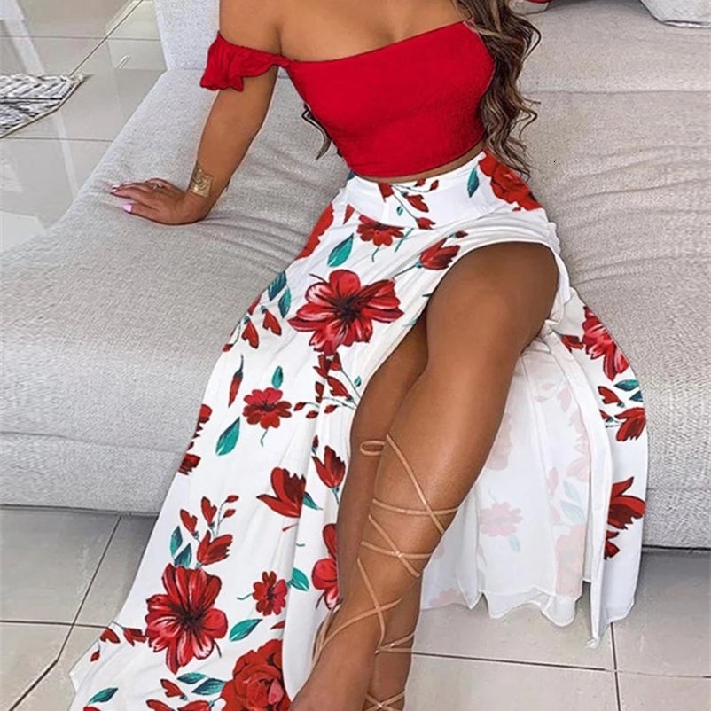 2-Piece Boho Chic Ensemble Off-Shoulder Smocked Tube Top Floral High-Waist Split Maxi Skirt Summer Women Casual Wear Dress Sets 250118