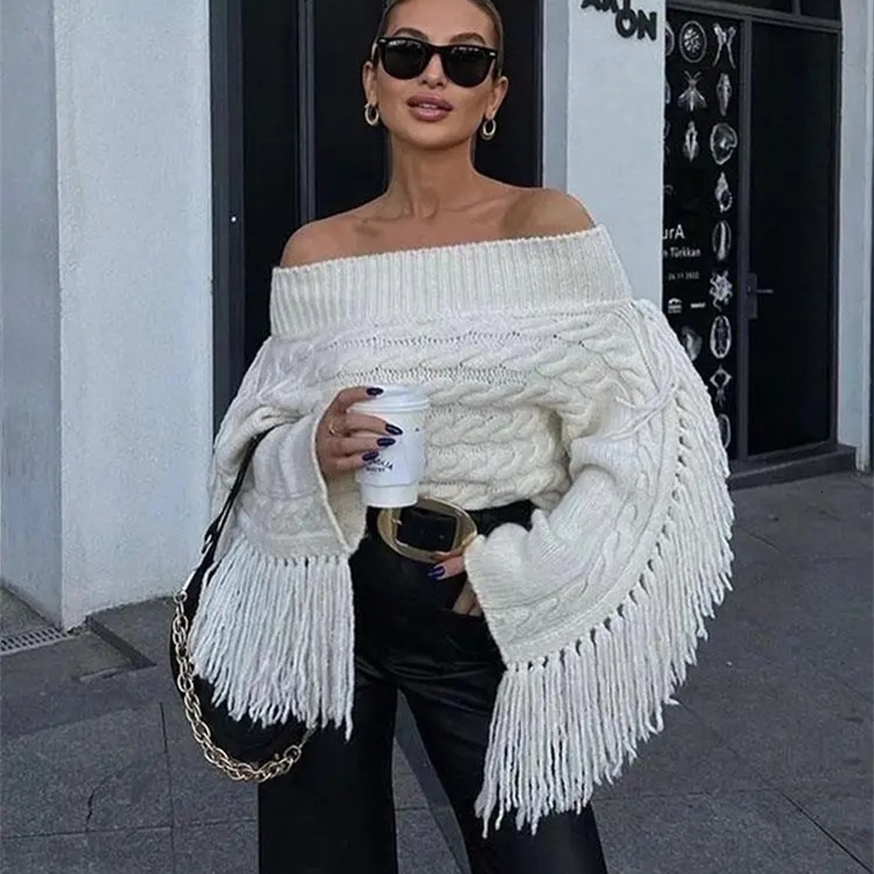 Thicken White Tassel Off Shoulder Sweater Women Elegant Slash Neck Long Sleeve Short Wool Pullover Winter Lady Knit Jumpers 240911