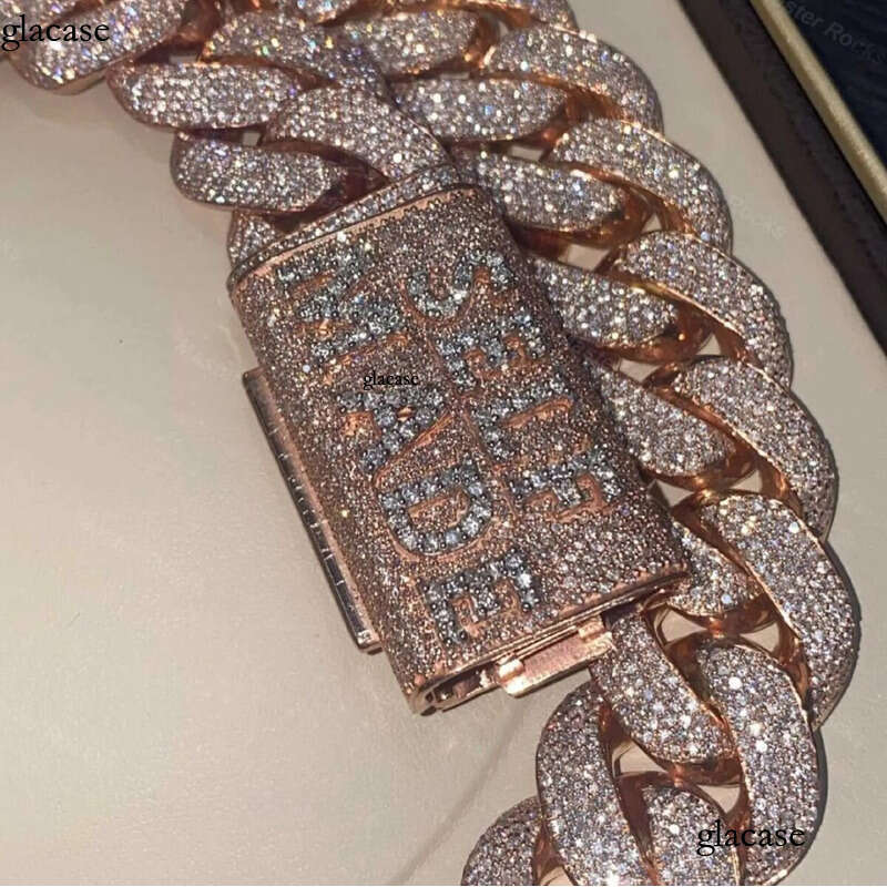 Sier Necklace Rose Gold 24mm Vvs Moissanite Heavy Duty Miami Cuban Chain Hip Hop Street Punk Men Women Jewelry
