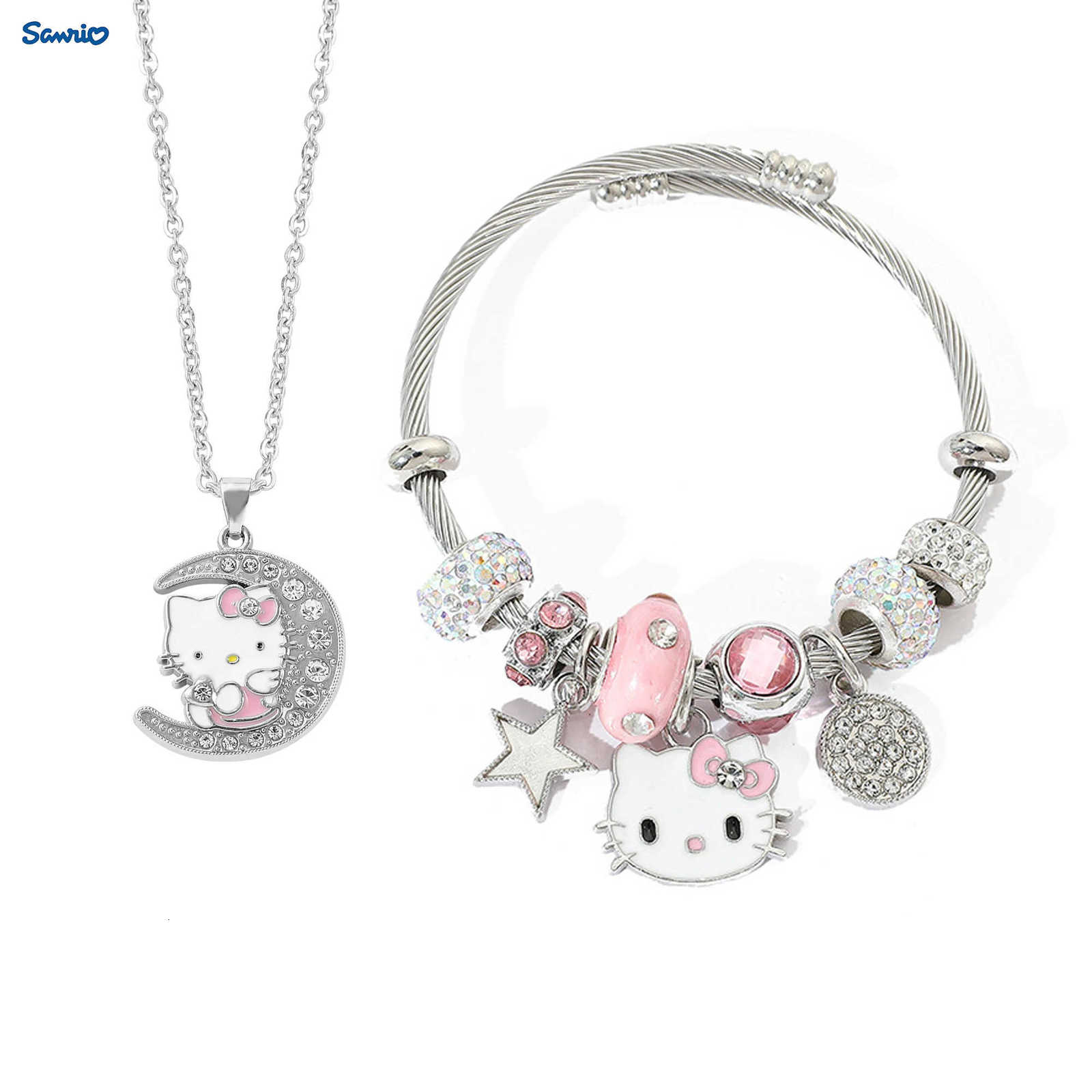 Sanrio 2pcsset fashion exquisite cartoon cute hello Kitty trendy inlaid rhinestone jewelry set suitable for daily wear suitable as a L250925