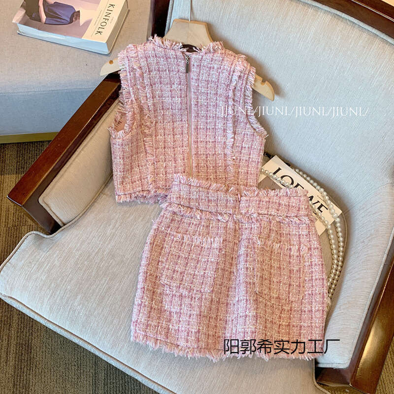 Lanjia- Pink Tweed Chanel Style For Women 2025 Summer New Elegant Socialite Half Skirt And Vest Two-Piece Set Korean 10B5f