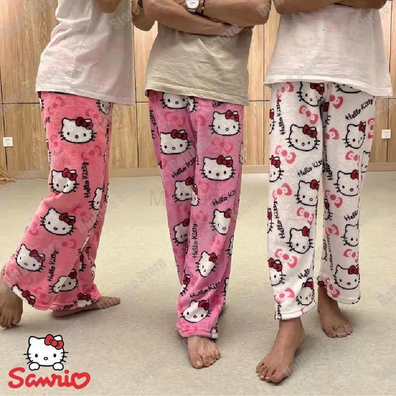 Sanrio Anime Hello Kitty Pajama Pants Fleece Double Elastic Fabric Soft Trousers Fashion Women Trousers Cute Cartoon Girl Gifts L250925