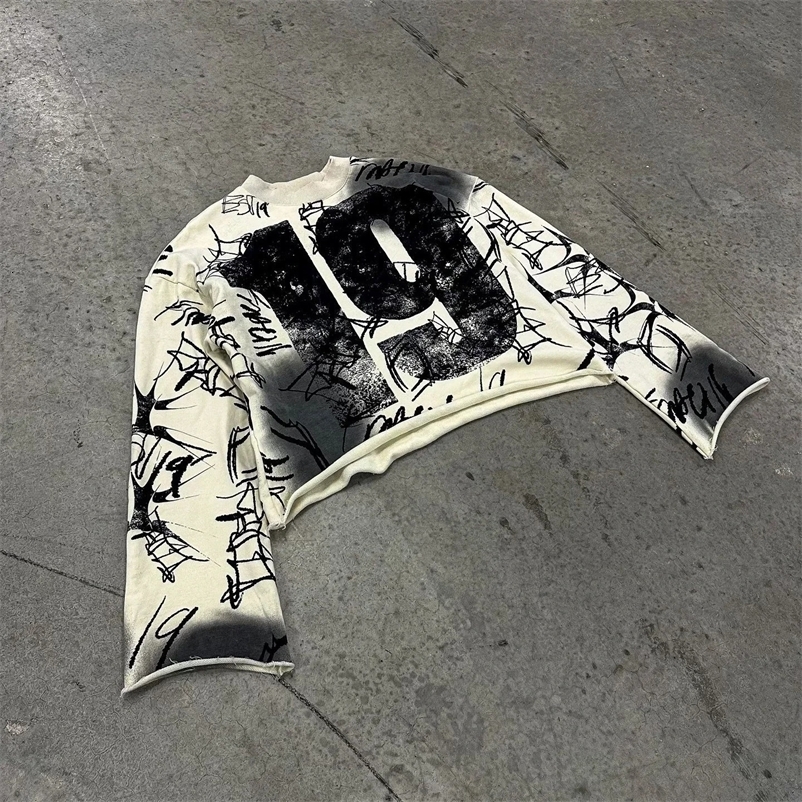 Y2k Retro Tie Dye Number 19 T Shirts Gothic Hip Hop Graphic Graffiti Print Cropped Top for Men Oversized Loose Long Sleeves Tees 250118