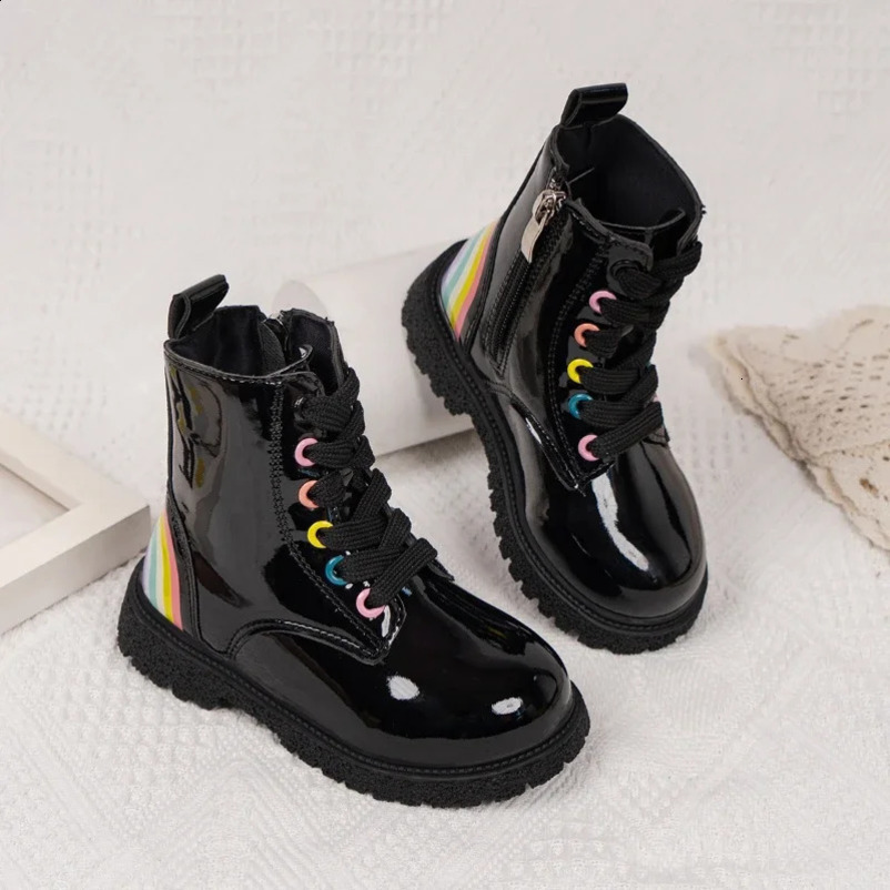 Childrens Fashion Boots for Boys and Girls Autumn/Winter Rainbow Color Rubber Boots Zipper Childrens Ankle Boots Black Gloss 240918