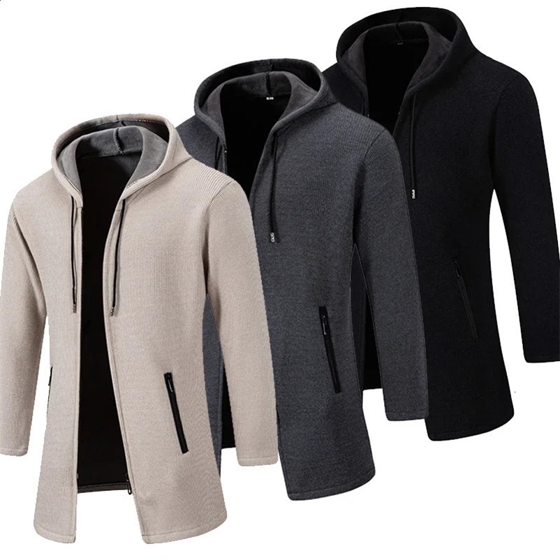 Autumn and winter mens hooded jacket solid color warm and thick casual windproof jacket fashionable mens cardigan 241203