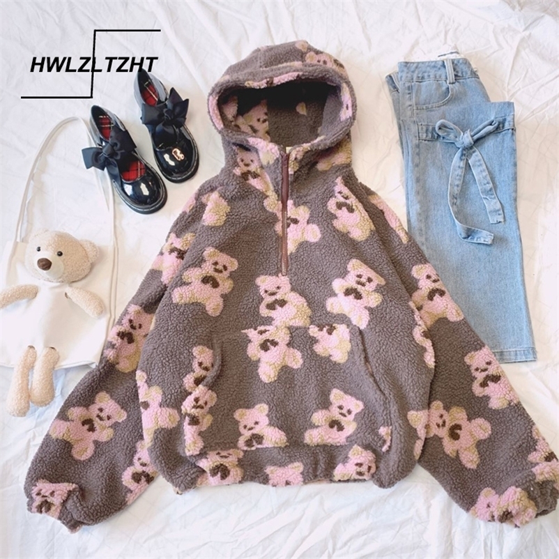 HWLZLTZHT Japanese Print Lamb Wool Coats Autumn Hooded Women Jacket Winter Oversize Warm Pullover Jacket women Outerwear 201126