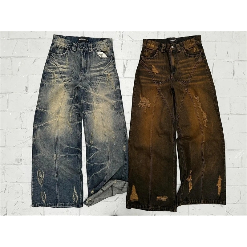 Y2k Jeans Retro Distressed High Waisted Baggy Jeans Punk Hip Hop Men Women Wide Leg Straight Denim Pants Slouchy Streetwear 240429