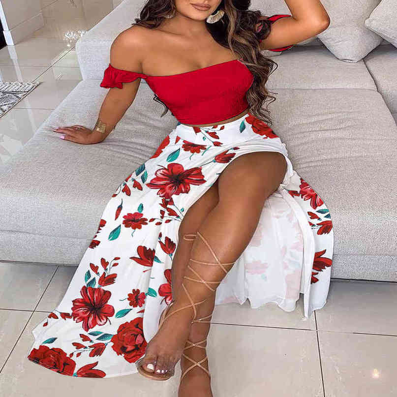 Spring Summer Women's Ruffles Top & Skirt Set New Femme Off Shoulder Floral Print High Slit Dress Ladies Maxi Sexy Outfits 210415