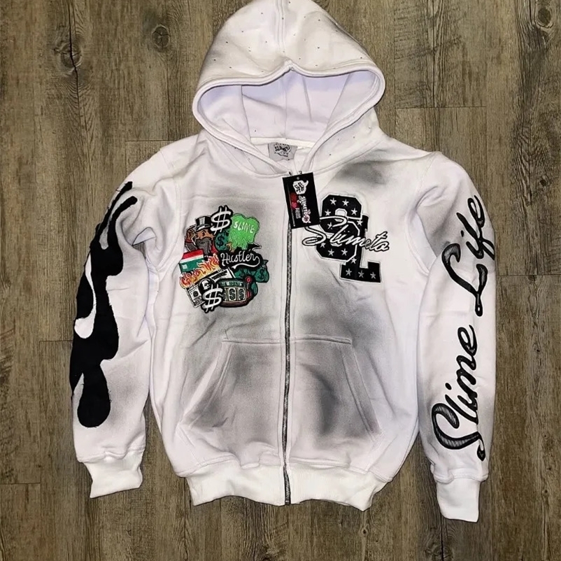 Harajuku Trend Casual Loose Oversized Zipper Hoodie Men Y2k Gothic Retro Letter Flame Embroidered Sweatshirt Jacket Women 250225