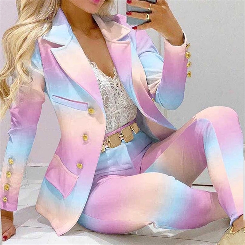 Fashion Women Jacket Pants 2 Piece Set Spring Button Long Sleeve Turn-down Collar Print Suit Casual Blazer Versatile Set 240809