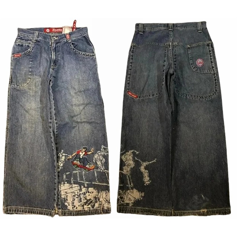 Jeans Y2K Pants Hip Hop Punk Rock Skateboard Graphic Print Retro Blue Baggy Jeans Mens Womens High Waist Wide Leg Trousers 240716