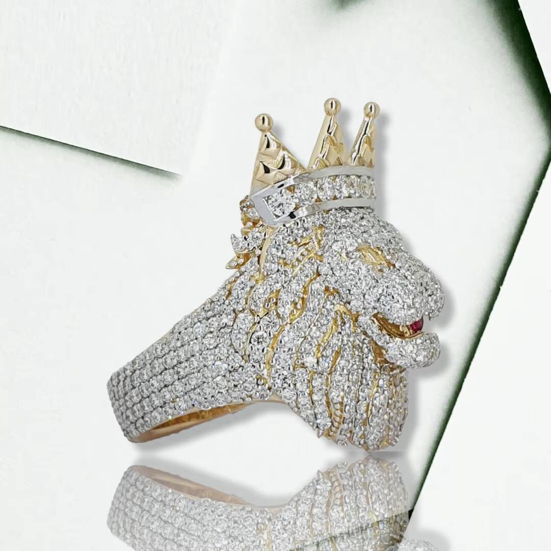 Mens Hip Hop Lion Head Pendant Fully Iced Out 925 Sterling Silver Moissanite Diamond Ring VVS Clarity Ring Hip Hop Jewelry