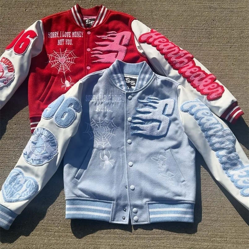 American high street patchwork embroidery mens jacket goth y2k style baseball sports olive wear Harajuku couple tops 241205