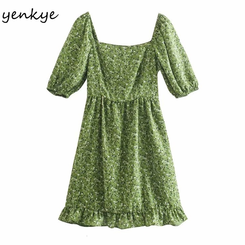 YENKYE Green Floral Print Dress Women Sexy Square Neck Puff Sleeve A-line Short Dress Female Holiday Summer Vestido 210515