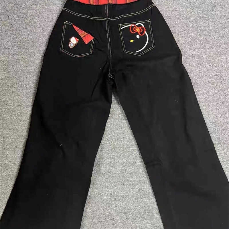 Sanrio New Cute Hello Kitty Embroidered Jeans Y2k Womens Trendy Red Checkered Splicing Slim Fit Straight Long Pants Clothes L250925