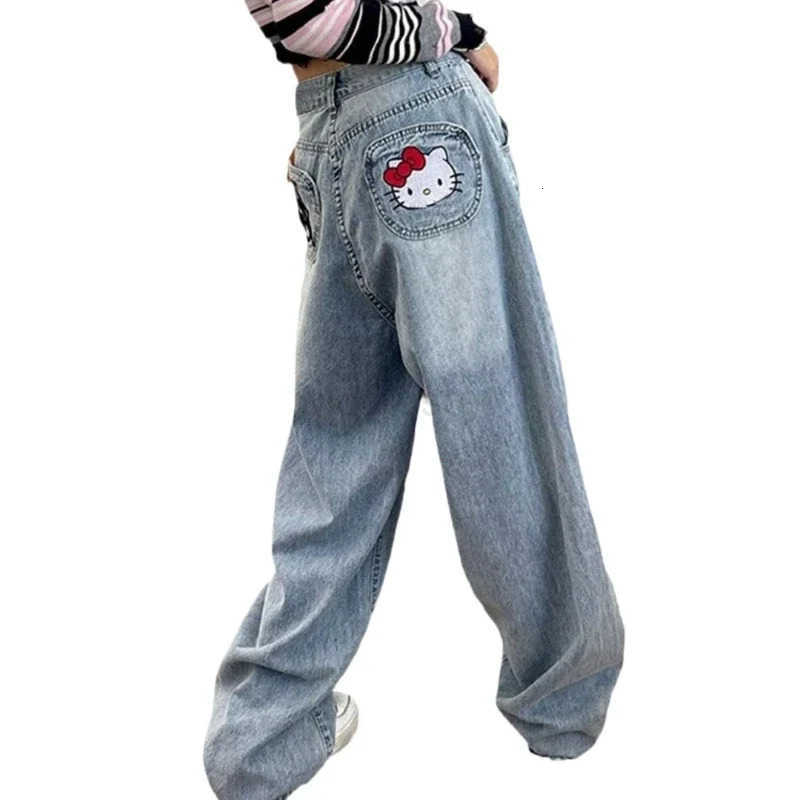 Sanrio Hello Kitty Y2k Jeans Cartoon Vintage Letters Embroidered Jeans High Waist Loose Wide Leg Pants High Street Womens Pants L250925