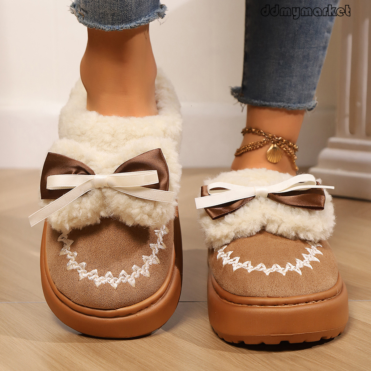 Cute Bow 2025 Autumn Winter New Plush Warm Outdoor Thick Sole Cotton Slippers for Women ddmymarket
