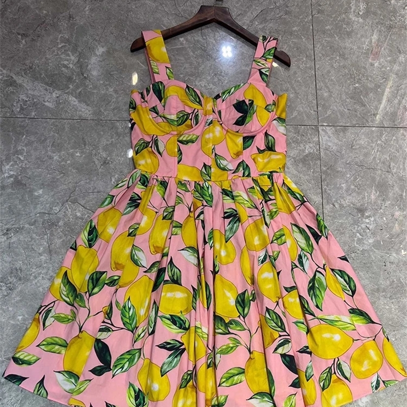 100% Cotton Women Dress Summer Beach Holiday Spaghetti Strap Lemon Printing Mini Vestidos High Street Princess 240703