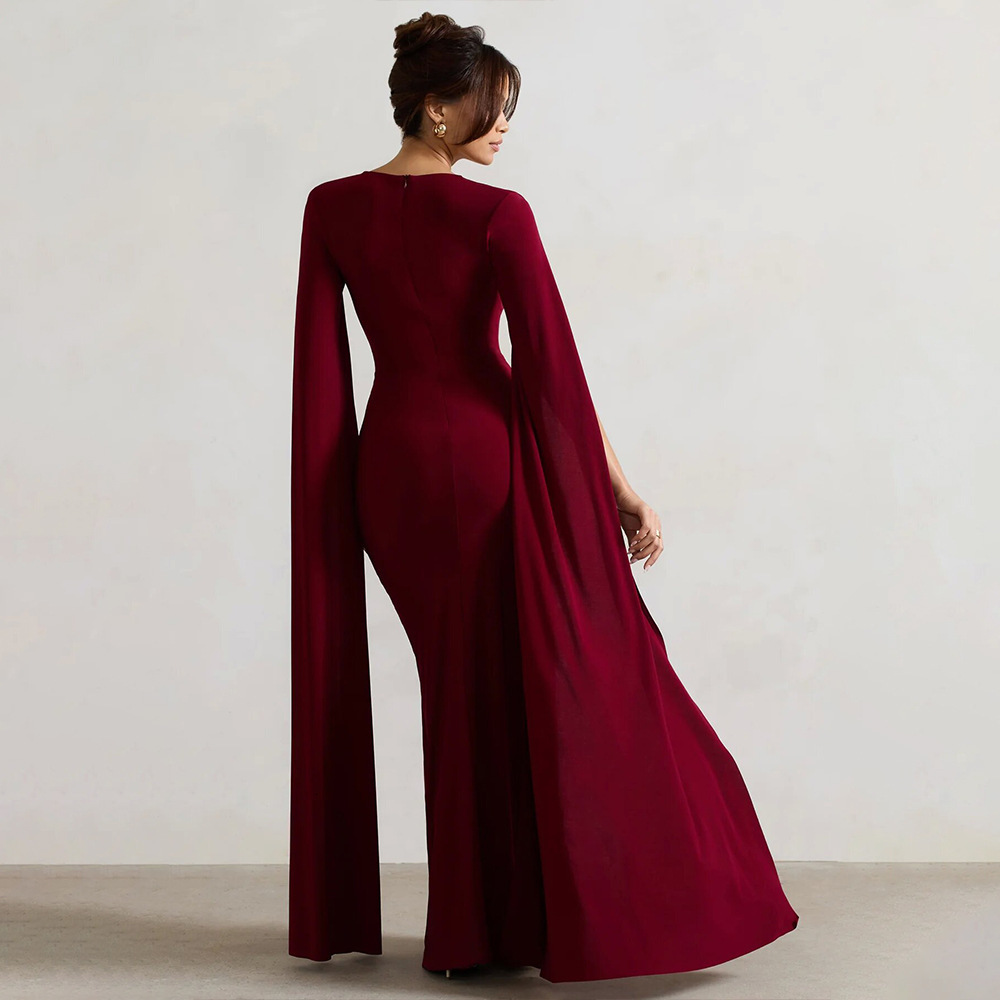 2024 New Square Neck Floor-Length Long Sleeve High Slit Solid Color Sexy Dress