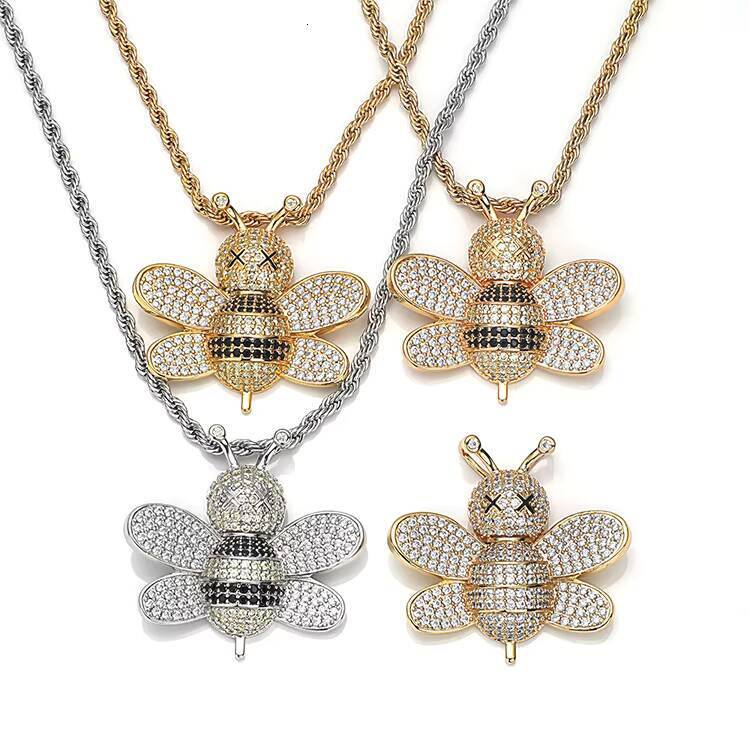 JWY Mens Stylish Brass Pendant Necklace Big Iced Out Bee with Gold Silver Plating Hip Hop Fashion Charms with Moissanite Stone