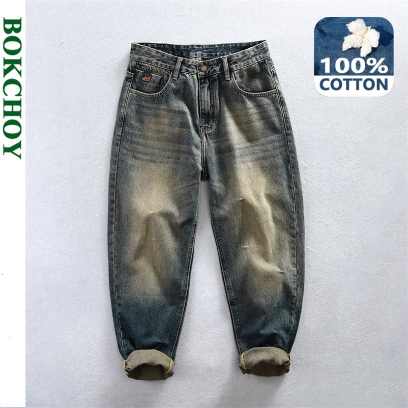 Men's Jeans Autumn 100% Cotton Casual Washed Jeans Men Clothing Retro Loose Straight Men Trousers K5913 230821