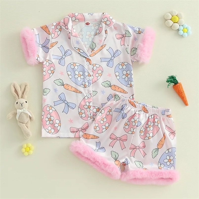 Kids Girls Easter Pajamas Set Easter Eggs Carrot Print Short Sleeve Shirts Elastic Waist Shorts 2 Pieces Lounge Suit Sleepwear 250328