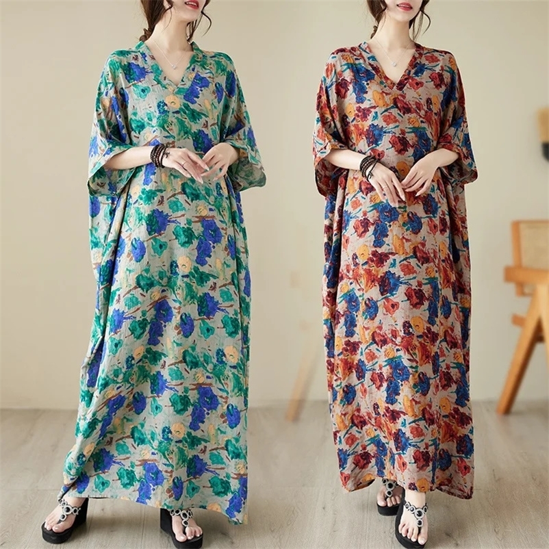 #3601 Retro Printed Cotton Linen Dress Batwing Sleeve Thin Loose Pockets Long Dress Ladies V-neck Sexy Beach Floor Length Dress 240703